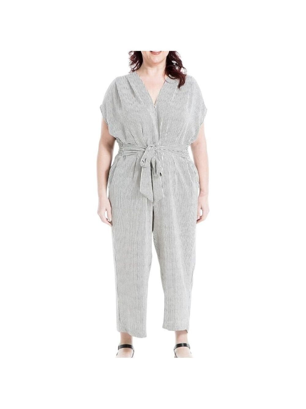 Max Studio Womens Plus Size Short Sleeve Waist Tie Jumpsuit